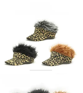 Detailed view of three leopard print baseball caps featuring unique fuzzy wig hair tops