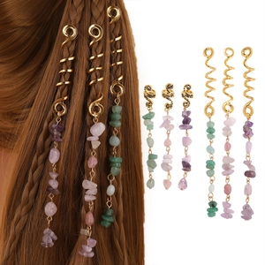 Bohemian gold spiral hair rings with colorful natural stone tassel pendants for braids