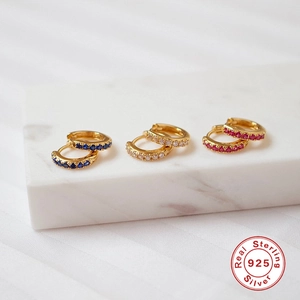 Three pairs of gold-plated S925 huggie earrings with blue, white, and red zircon micro-paving