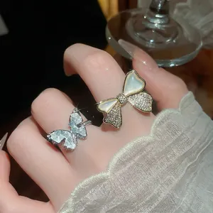 14k gold plated bow and flower open rings with mother of pearl and cubic zirconia