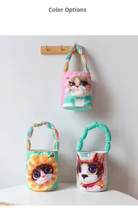 Detailed view of bucket bags featuring cat illustrations and ruffled bubble handles