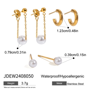 Detailed size specifications for three pairs of waterproof stainless steel pearl earrings