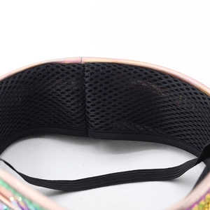 Detail view of the black breathable mesh lining and elastic strap of the rhinestone captain hat