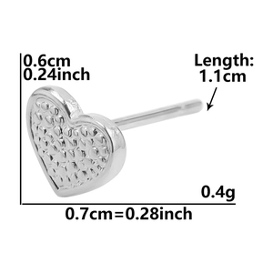 Detailed size chart for silver textured heart stud earrings with metric measurements