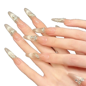 French champagne gradient handmade press-on nails with luxury rhinestones and glitter