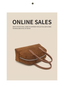 Close-up of brown suede bowling bag with premium leather handles and silver zipper details