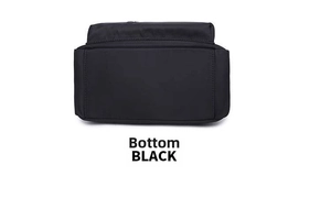 Detailed bottom view of a black mini backpack showing durable nylon texture and stitching