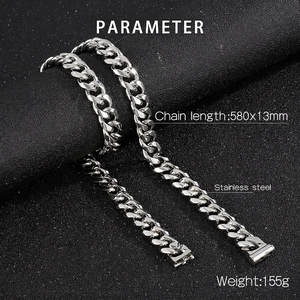 Detail view of 13mm stainless steel cuban link chain with 580mm length and square buckle