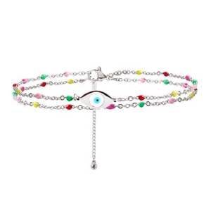 Close-up of double-layer silver bracelet with evil eye charm and colorful beads