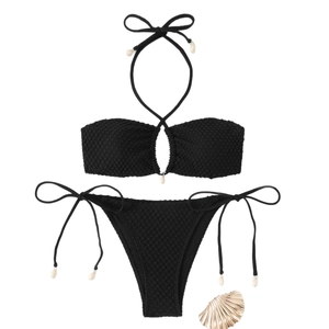 Black textured bikini set with neck tie, drop cutout and white seashell charms