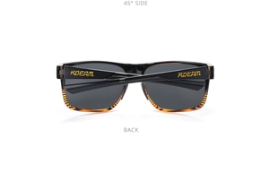 Detailed back view of folded polarized sunglasses with black frames and tortoise pattern
