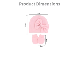 Detailed product size chart for pink baby bow beanie and anti-scratch mittens set in cm