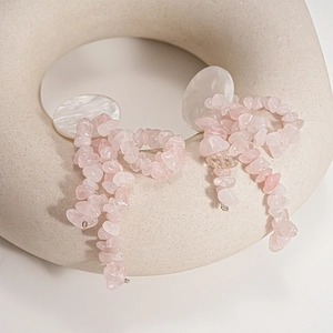 Pink crystal gravel bow earrings with round white shell studs for a fresh summer look