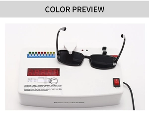 Detail view of black rectangular sunglasses undergoing UV400 protection testing on a device