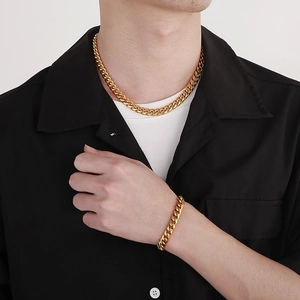 Set collana e bracciale a catena barbazzale dorata in acciaio inossidabile da uomo hip hop