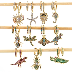 Golden earrings collection with colorful cubic zirconia in creative animal and insect shapes