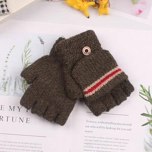 Detail of dark green knitted convertible gloves with wood button and striped pattern