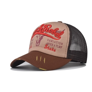 Detail of vintage washed baseball cap featuring 3D embroidery and breathable mesh back