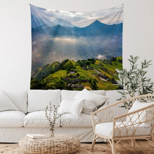 Detail of high-definition tapestry with mountain rice terrace landscape in living room decor