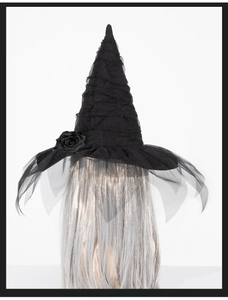 Detail of gothic witch hat featuring pleated black mesh and a decorative dark rose