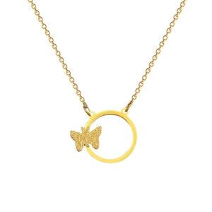 Minimalist gold butterfly circle pendant necklace in titanium steel for women