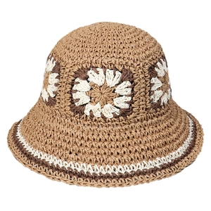 Handcrafted crochet straw hat with colorblock flower patterns and wide brim for sun protection
