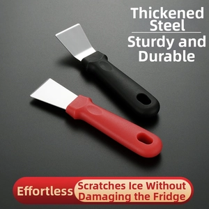 Detail of red and black stainless steel ice scrapers with non-slip hanging handles