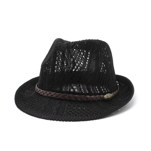 Classic black knitted fedora hat with brown woven leather band and retro metal buckle