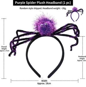 Detail of purple plush spider headband with dimensions 17x18cm for Halloween party decor
