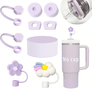 Dettagli set accessori per bicchieri in silicone, coperture per cannucce e tappi, viola.
