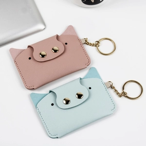 Cute cartoon animal PU leather card holder wallets with golden keychain in pink and blue