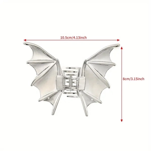 Silver metal bat wing hair claw clip for Halloween styling, sized 10.5cm by 8cm
