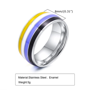 Rainbow enamel stainless steel stripe ring 8mm wide with colorful textured finish