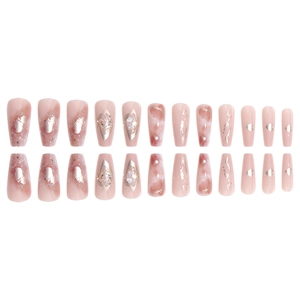 24pcs pink marble coffin press on nails with silver glitter and heart patterns