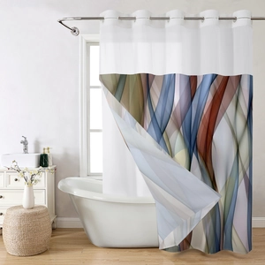 Detail view of the abstract ribbon pattern and waterproof texture on shower curtain