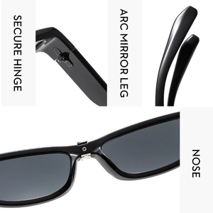 Detail view of secure hinges, arc mirror legs and nose pads on black square sunglasses