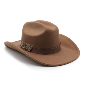 Detailed side view of brown felt fedora hat with ethnic fabric trim and gold button