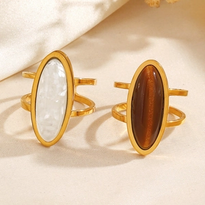 Minimalist gold stainless steel geometric oval ring with vintage tiger eye stone
