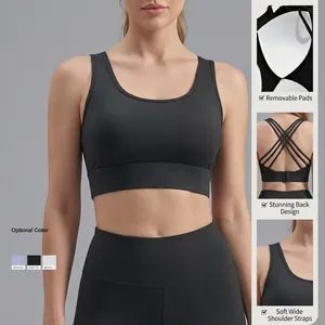 Brassière de sport noire avec dos croisé, larges bretelles et coussinets amovibles