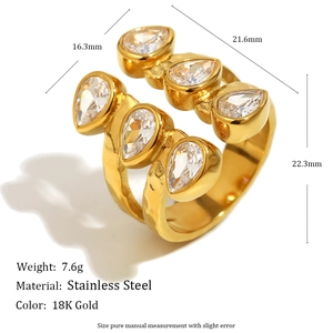 Double-layered 18K gold plated stainless steel ring with pear-cut cubic zirconia