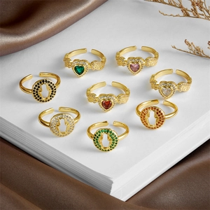 Adjustable Open Ring Copper Real Gold Plated Colorful Cubic Zirconia Heart Hamsa Hand Vintage Fashion Jewelry For Women