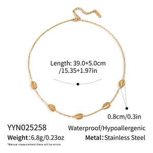Macro view of 18K gold plated stainless steel necklace showing five shell pendants and dimensions