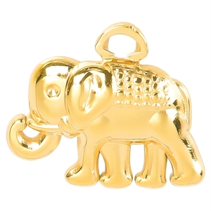 Polished gold elephant pendant with textured back detail and metal ring loop for necklace