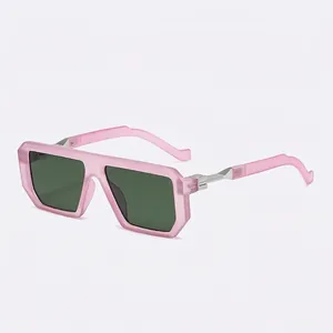 Modern square pink frosted sunglasses with dark green lenses for a trendy retro look