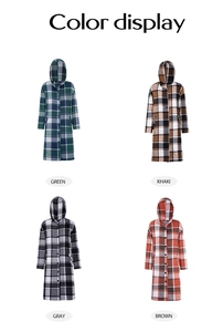 Color options of double-breasted hooded plaid coats in green, khaki, gray, and brown