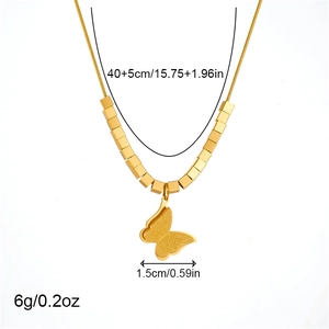 Frosted gold butterfly pendant necklace with square beads and chain length specifications