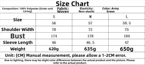 Size chart for women's olive green bomber jacket with material and dimension details