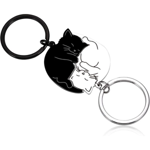 Cute black and white hugging cat stainless steel keychains for couples and friends