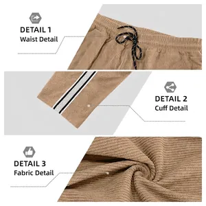 Men's brown corduroy casual loose pants with drawstring waist and striped hem details