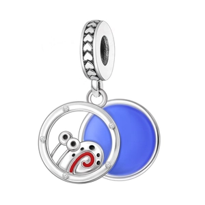 Silver bead charm with blue enamel snail design and sparkling cubic zirconia stones
